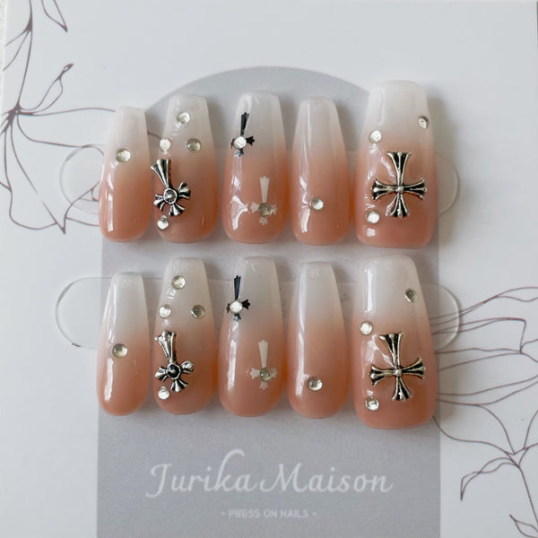 Pink Chrome Cross Medium Almond Press-On Nails (#49)