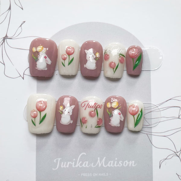Lavender Hand-Painted Tulip and Rabbit Squoval Press-On Nails (#54)