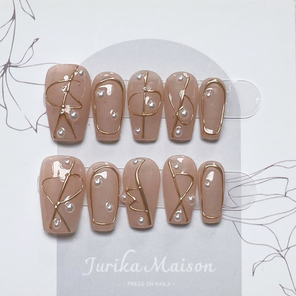 Nude with Gold Line Decor Coffin Press-On Nails (#56)