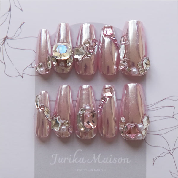 Jurika Maison Y2k pink chrome long almond press on nails