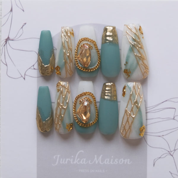 Jurika Maison Baroque style turquoise blue luxury press on nails