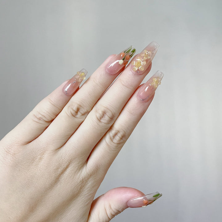 flower long almond press on nails