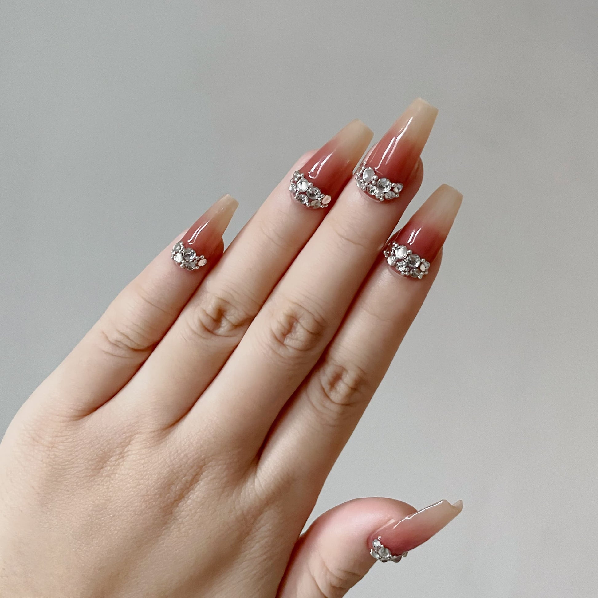 French Tip Press on Nails Long with Rhinestone Designs, 3D Luxury