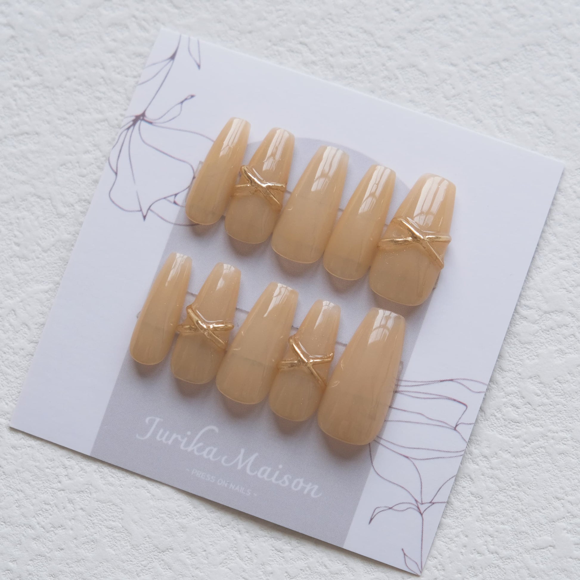 Elegant Nude with Gold Line Long Almond Press-On Nails (#33) – Jurika Maison