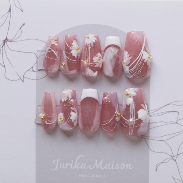 Jurika Maison pink hand-painted flower spring press on nails