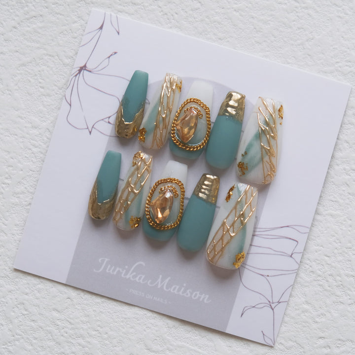 Jurika Maison Baroque style turquoise blue luxury press on nails