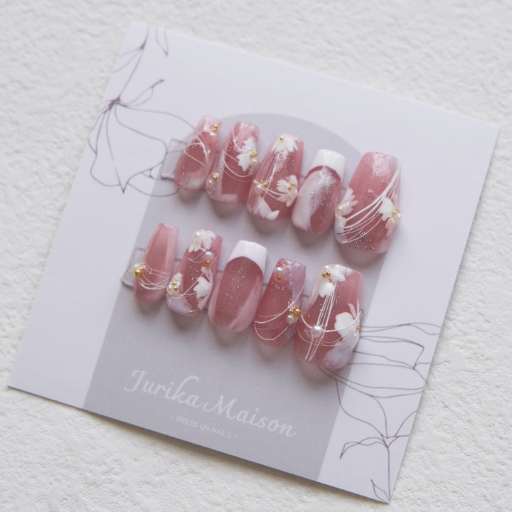 Jurika Maison pink hand-painted flower spring press on nails